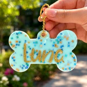 Personalized Bone Dog Tag Keychain with Gold Glitter Name and QR Code
